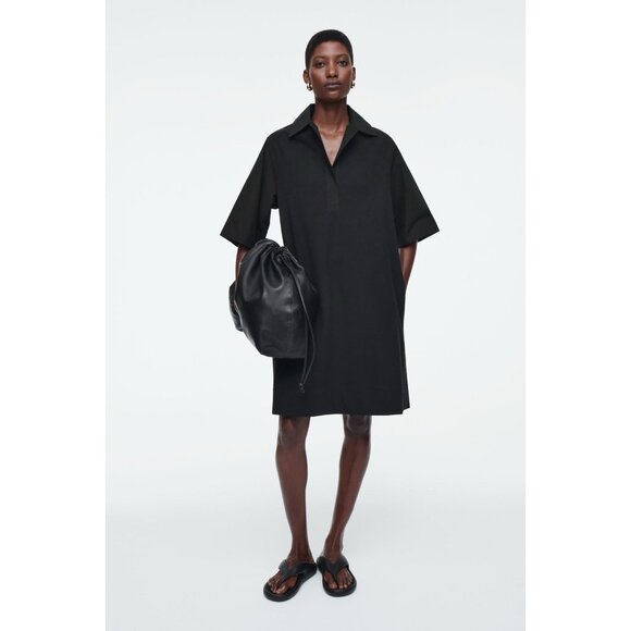 COS Oversized Open Collar Shirt Dress Womens Black Neutral Minimalist - Picture 1 of 13